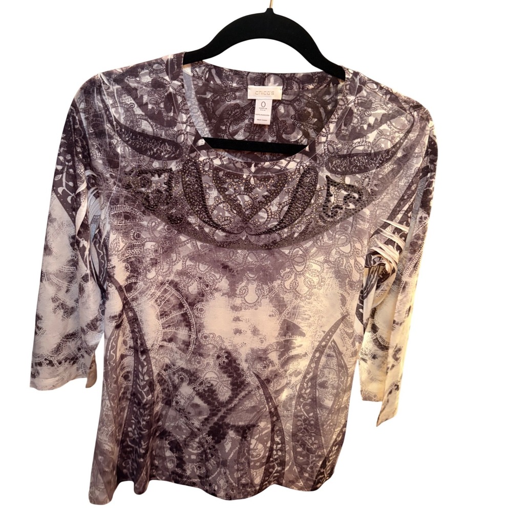 Chicos Purple Paisley Rhinestone Embellished 3/4 Sleeve Top Size (0) Small‎
